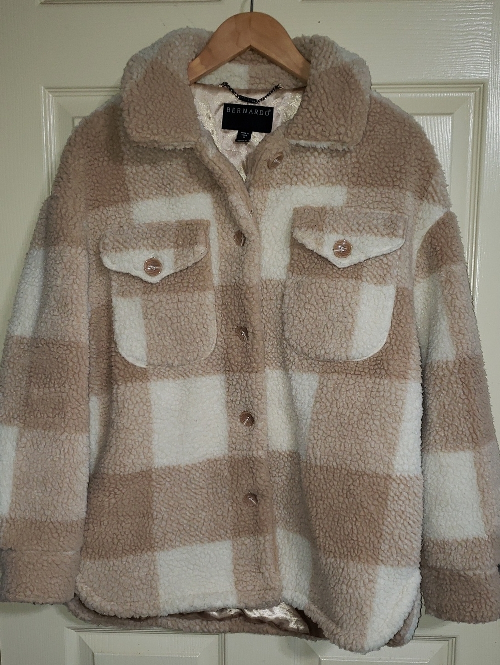Bernardo Cream Tan Faux Shearling Sherpa Plaid Oversized Shacket Teddy Coat